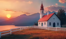 a church in a field at sunset