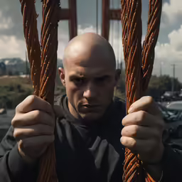 a bald man is holding two ropes with his hands
