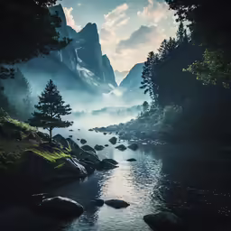 a river flowing through a lush green forest