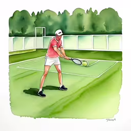 an illustrated drawing of a tennis player swinging his racket,drawing of a person swinging at a tennis ball,a man is playing tennis on a court,a drawing of a man standing on top of a tennis court,a woman getting ready to hit a tennis ball with a racket
