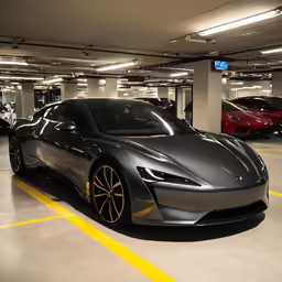 two vehicles in a parking garage with a white strip