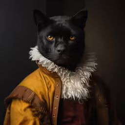 a black cat dressed in a coat with a collar