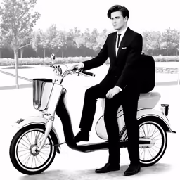 man in suit sitting on an electric bicycle