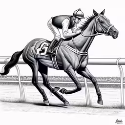 a man riding on the back of a horse near a barrier,a drawing of a jockey riding on a horse