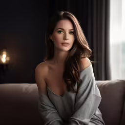 the woman is posing on the couch, wearing a grey top