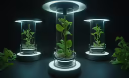 three small displays are lit up with plants