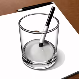 a pencil in a glass next to a blank book