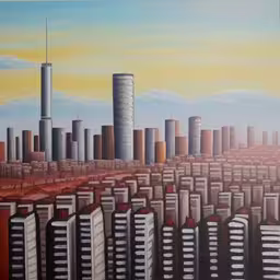 large painting of city on wall next to building
