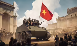 an army tank and some men on a dirt road
