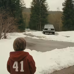 a boy wearing a jacket and standing near the side of the road