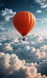 there is an orange hot air balloon floating in the sky