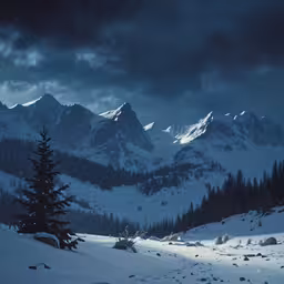 a mountain scene with snow and evergreens