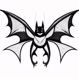 a black bat with fangs flying through the air
