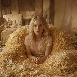 a woman is sitting in a pile of dry material