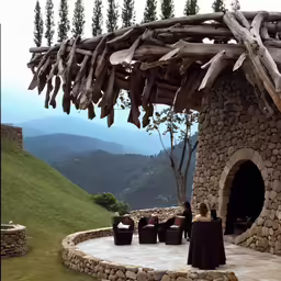some people sitting outside an old structure on some rocks