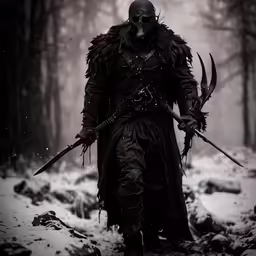 a person in the snow wearing a demonic mask and with two large knives