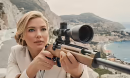 a woman with a rifle posing for a photograph