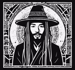 a black and white drawing of a person wearing a hat,the dude with long hair wearing a hat and dreadlocks