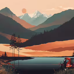 the car is parked in front of the lake,a car is parked by a lake with mountains in the background