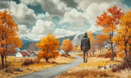 a person walking in a park with colorful trees and houses