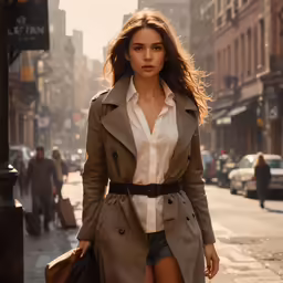 the woman in the trench coat is walking down the street