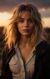 a woman wearing a leather jacket standing by the water