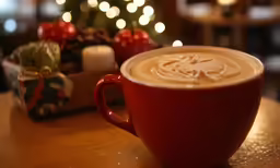 coffee cup sitting on a table in front of a christmas tree