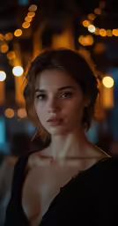 a woman with a very small breast is looking to the side
