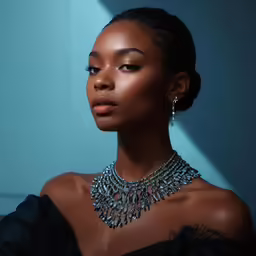 a woman is wearing a black top and jewelery