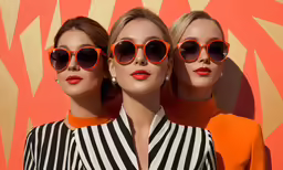 three models wearing bright orange round sunglasses