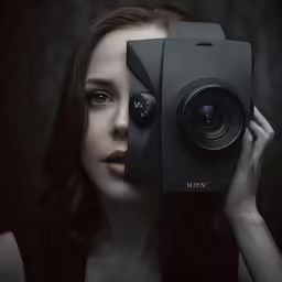 a woman holding a camera in front of her face