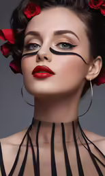 woman with face paint decorated like a strip and red roses
