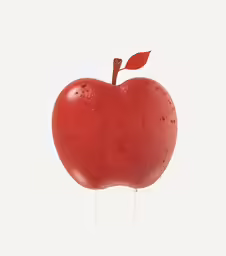 an apple on a stick with a red leaves stuck on it