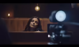 a woman sitting in front of a camera on top of a couch