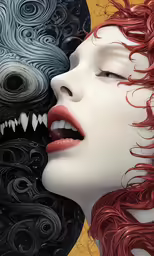a woman with red hair is biting into an elaborate headpiece