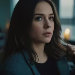 a woman in a dark colored outfit looks at something