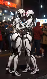 there is a couple of robots dressed in full body armor