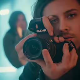a woman holding a camera with a person behind her