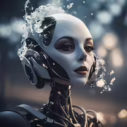 woman with robot head and robotic parts behind her