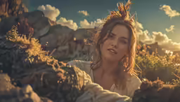 a woman is standing near rocks with a hairdow