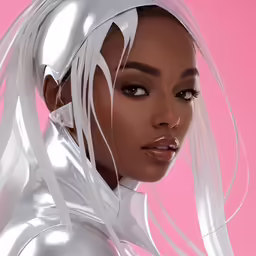 a woman wearing an unusual white suit, holding a microphone