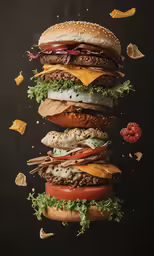 the hamburger is flying into the air with chips falling out of it