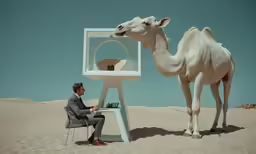 a camel sitting next to a man working on his desk