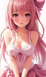 an anime girl in pink dress poses