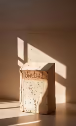 a white bench in the corner of a room with sunlight shining through the window