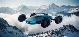 a car flying through the air in front of snowy mountains