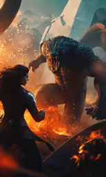 a scene from the movie, godzilla, and a woman with a sword