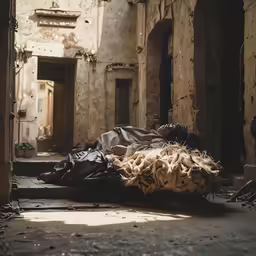 a person laying down on the street and some buildings