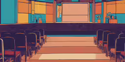 a colorful auditorium with chairs and one door leading to a screen,an empty stage with several empty chairs, set up for an auditorium
