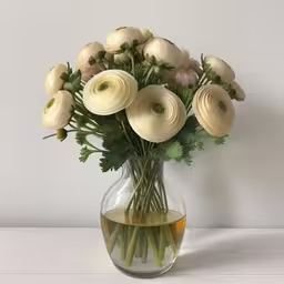 a vase filled with white flowers sitting on top of a table,a vase that is sitting on a table with flowers in it,a clear vase filled with white flowers and greenery,a vase that has some flowers in it,a vase filled with white flowers and an orange